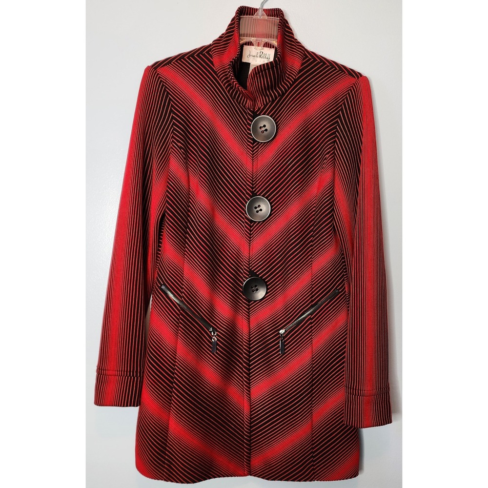 Joseph Ribkoff Jacket Women 8 Red Black Chevron Striped Longline Excellent Mock